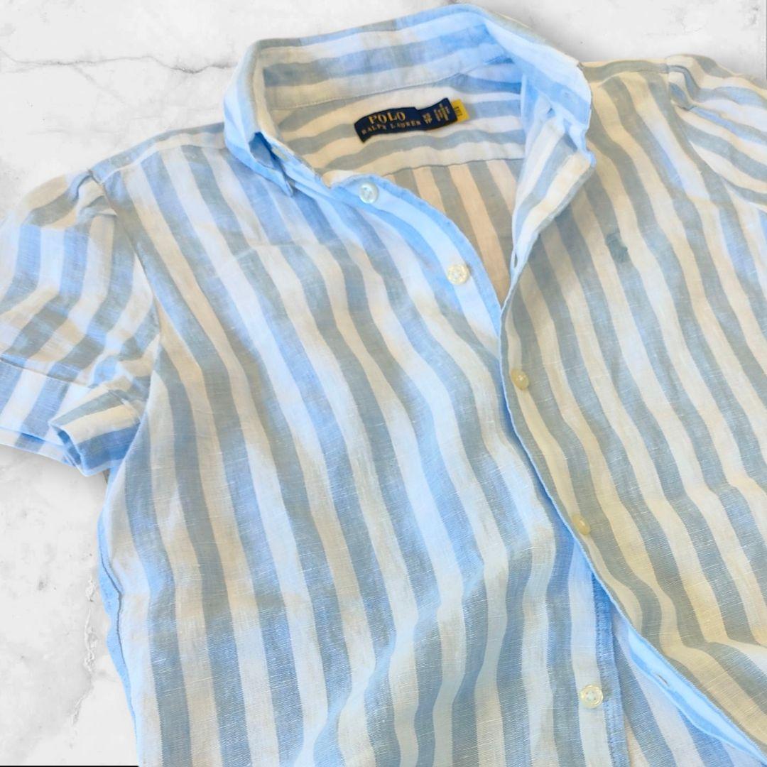 新品 ポロラルフローレン　リネンストライプシャツ　ブルー　XS 半袖