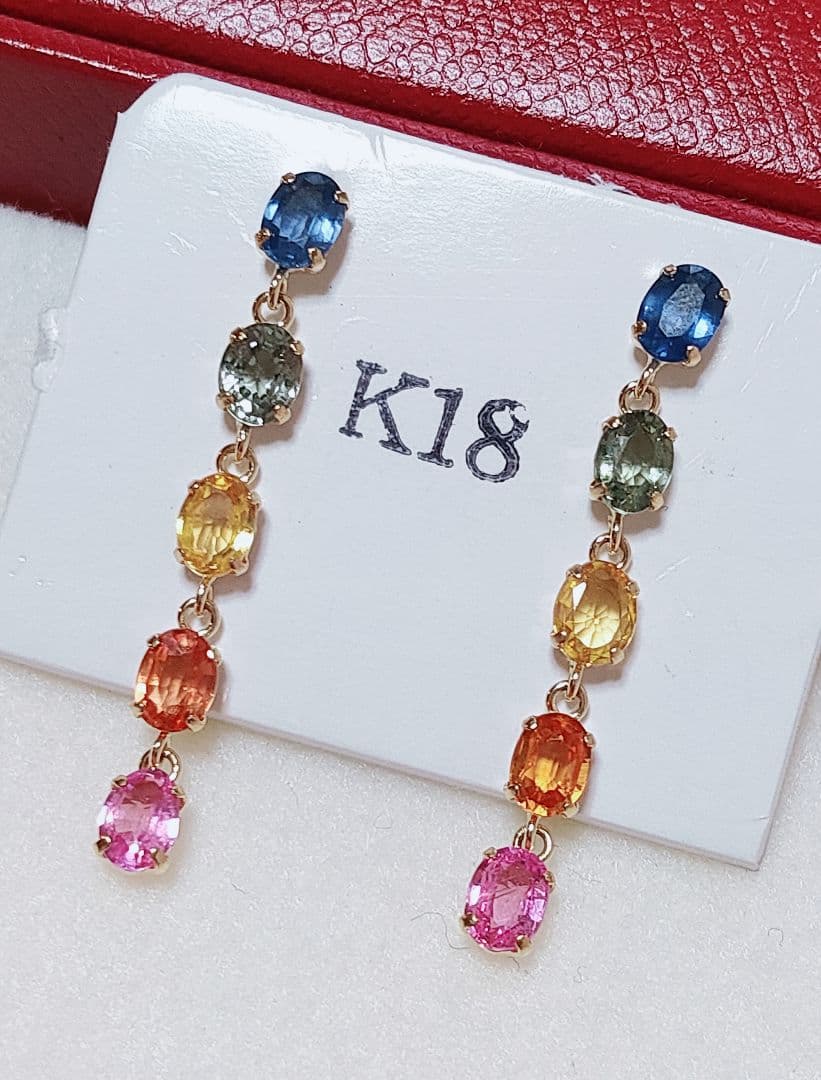 新作 未使用品 k18 天然カラフルサファイア ロング ピアス