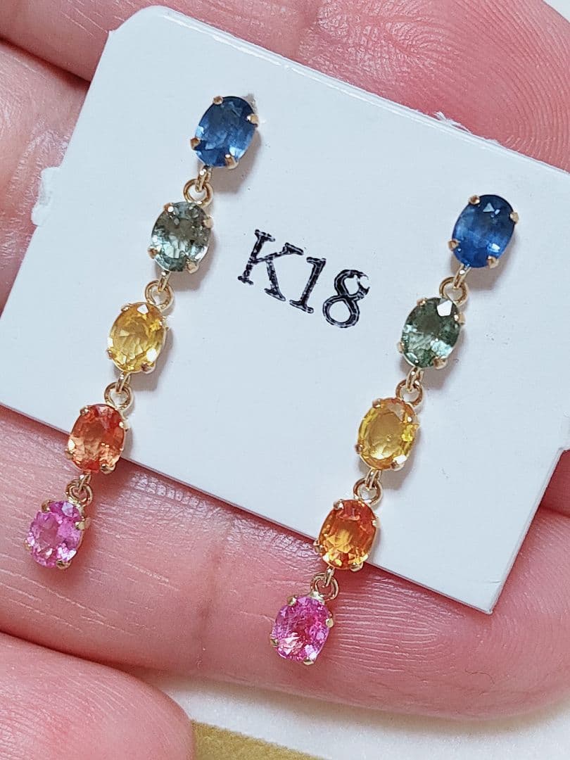 新作 未使用品 k18 天然カラフルサファイア ロング ピアス