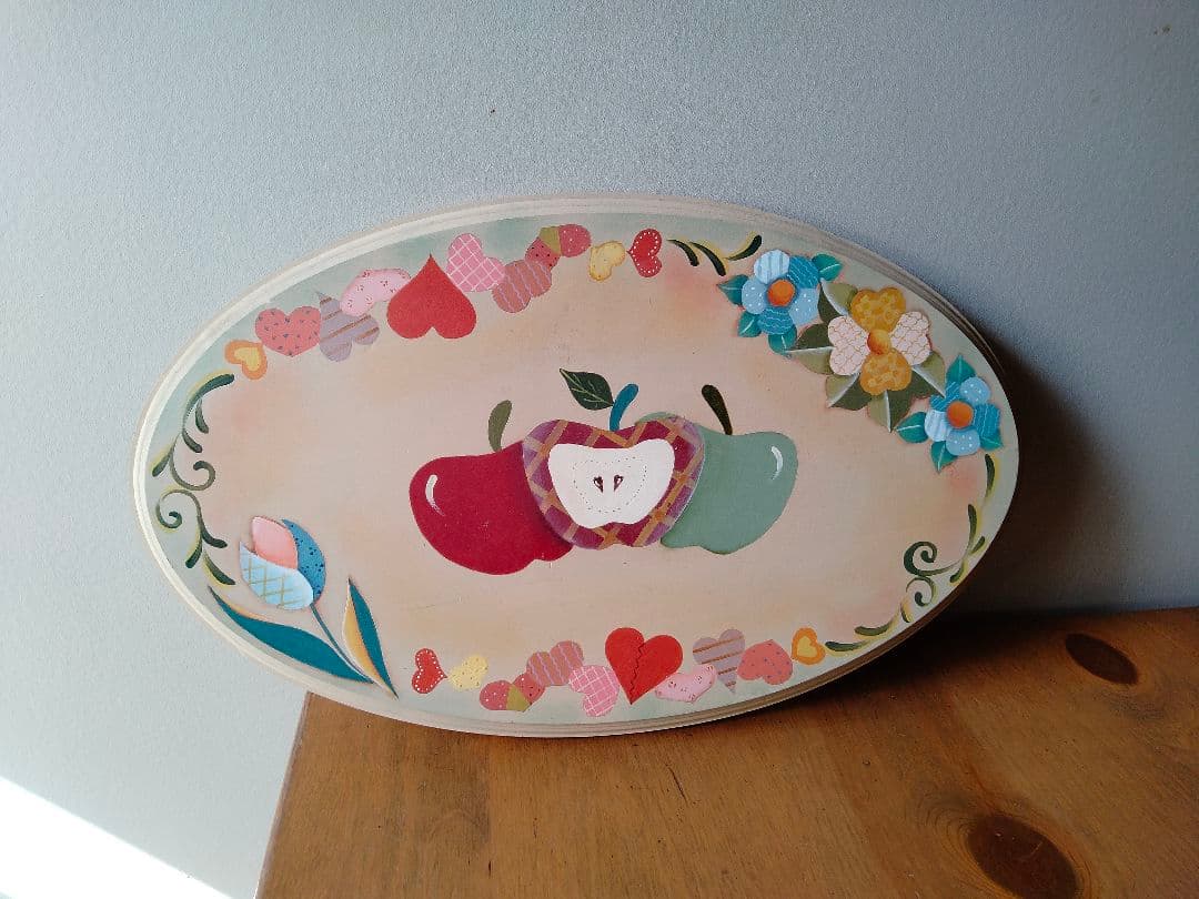 【手描き】　りんご　花　トールペイント　プレート