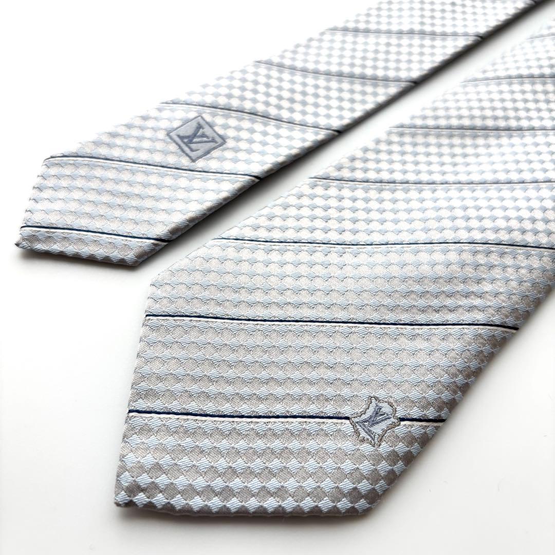 ꧁美品꧂ ルイヴィトン ネクタイ ダミエ LV ロゴ シルバー ブルー 結婚式