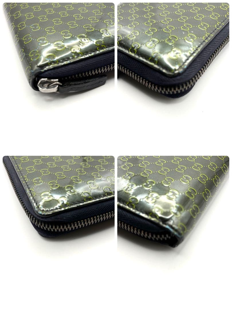 グッチ 長財布 GG マイクロシマ ラウンドファスナー グリーン エナメル