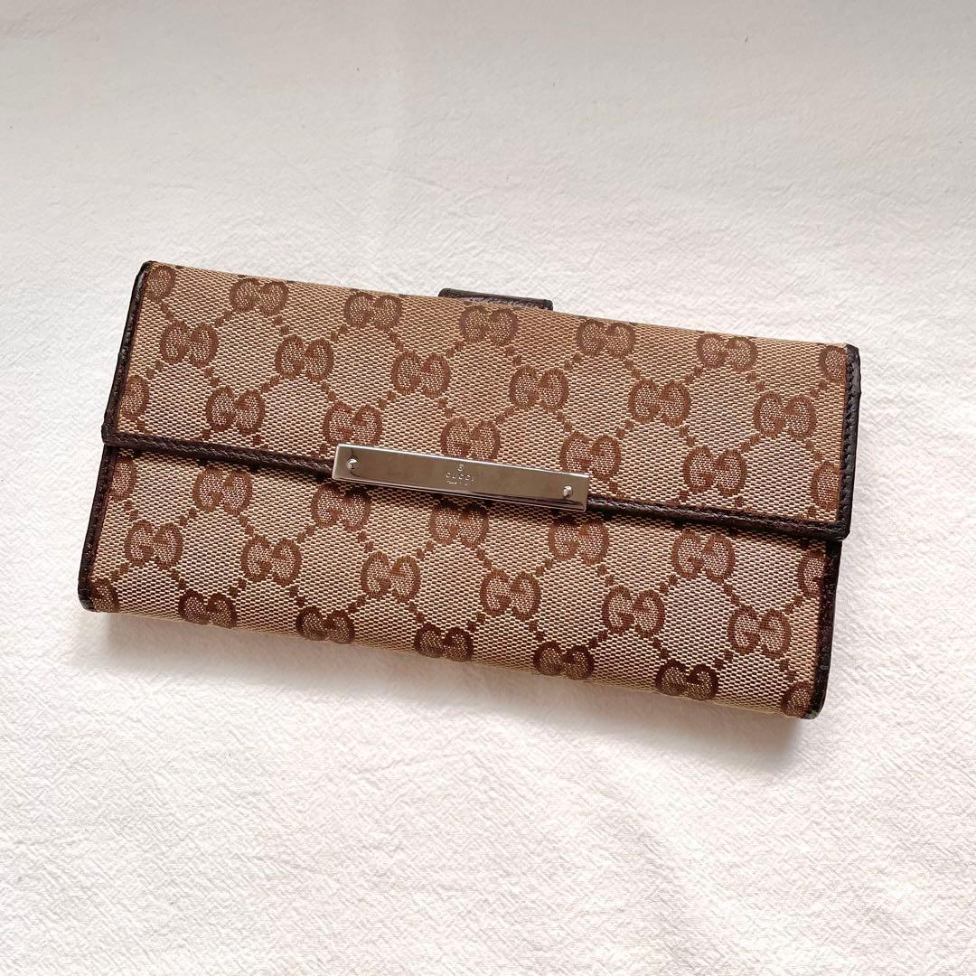 グッチ　長財布　GGキャンバス　ロゴプレート　Wホック　ブラウン　1118-④
