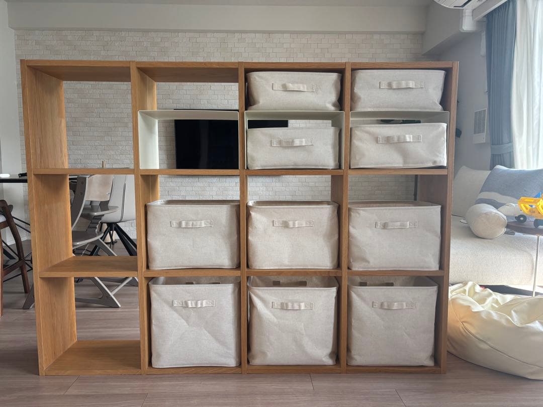 無印良品　スタッキングシェルフ　オーク材　３段４列　この字棚・収納ボックス付き