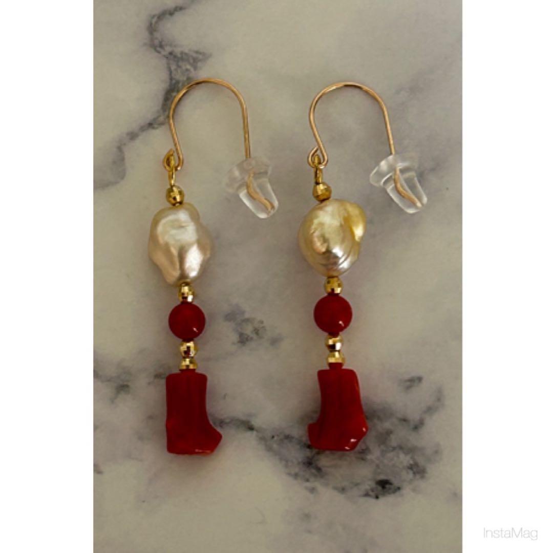 (M0126-3)K18YG南洋ゴールデンケシ，赤珊瑚アメリカンピアス