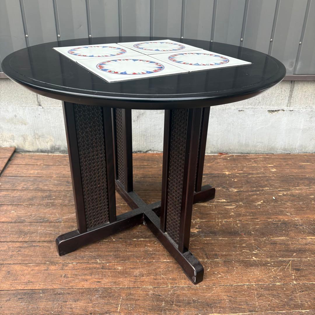 森繁 MORISHIGE タイル張り 木製ラウンドセンターテーブル 丸テーブル