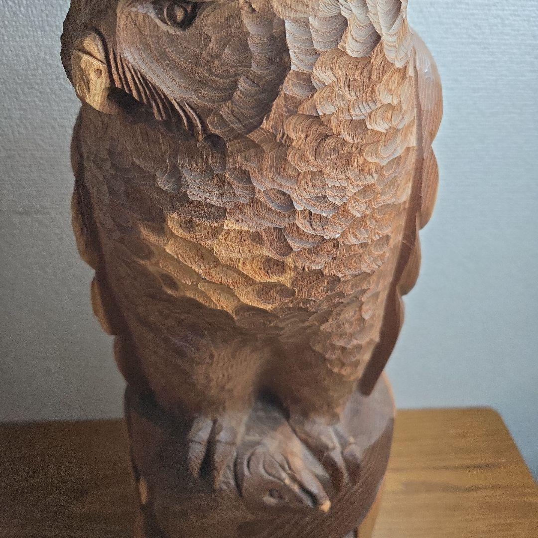 木製一刀彫　フクロウと魚の彫刻　最終値下げ