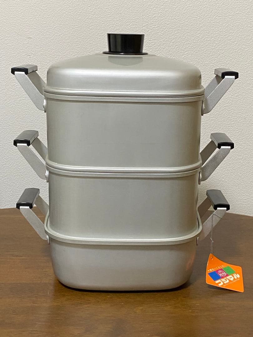 フジマル　二重角蒸器　内径22cm高さ11cmの二段【新品　未使用　昭和レトロ】