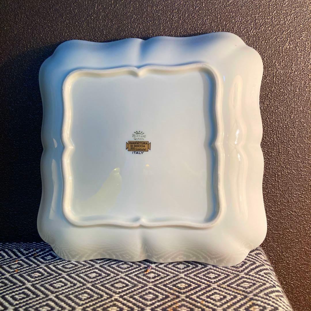 【希少】リチャードジノリ グリーンコック　スクエア　皿　金彩　花　四角　鳥