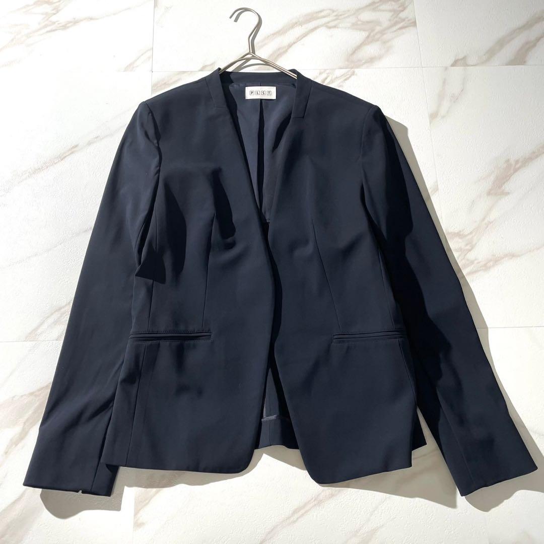 美品✨ PLST プラステ セットアップ ノーカラー パンツスーツ ネイビー