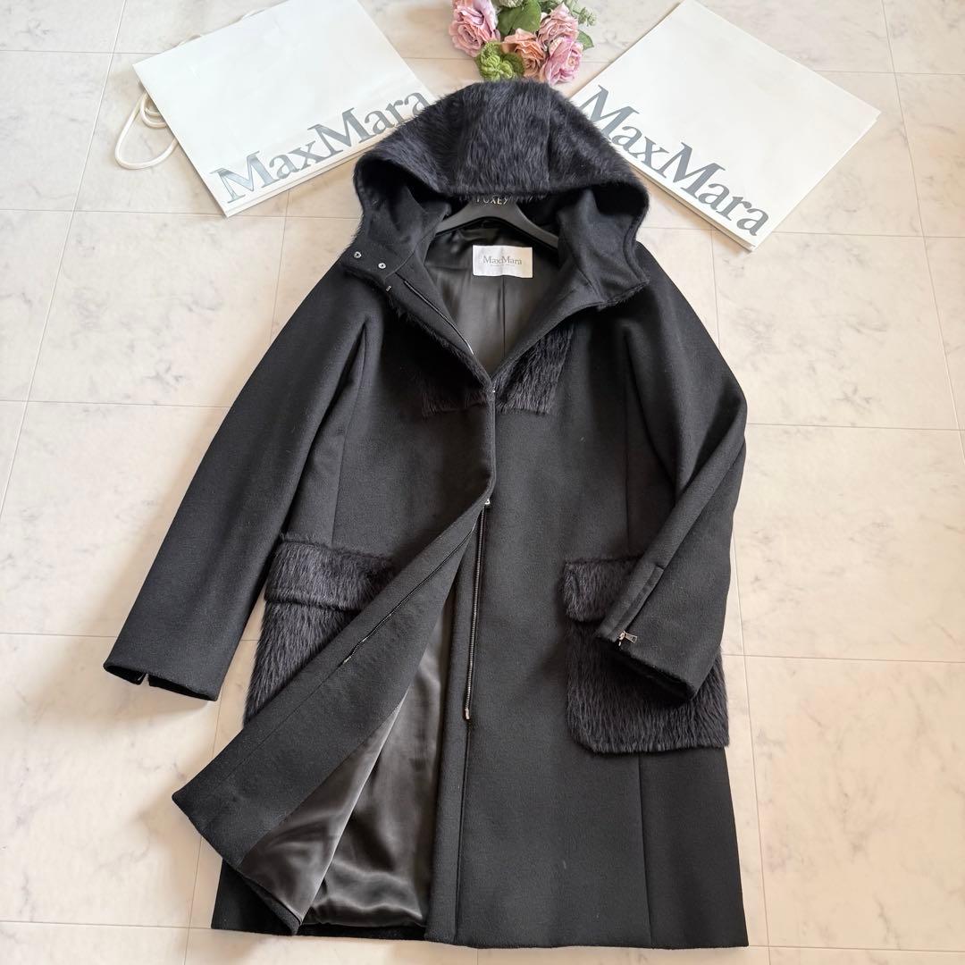 美品★マックスマーラ 白タグ カシミヤ混 フーデッドコート アルパカシャギー42