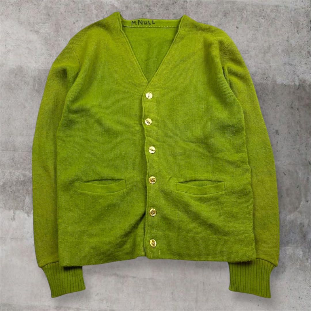 希少50s60s USAライムグリーン ウールニットカーディガン 尿素ボタン