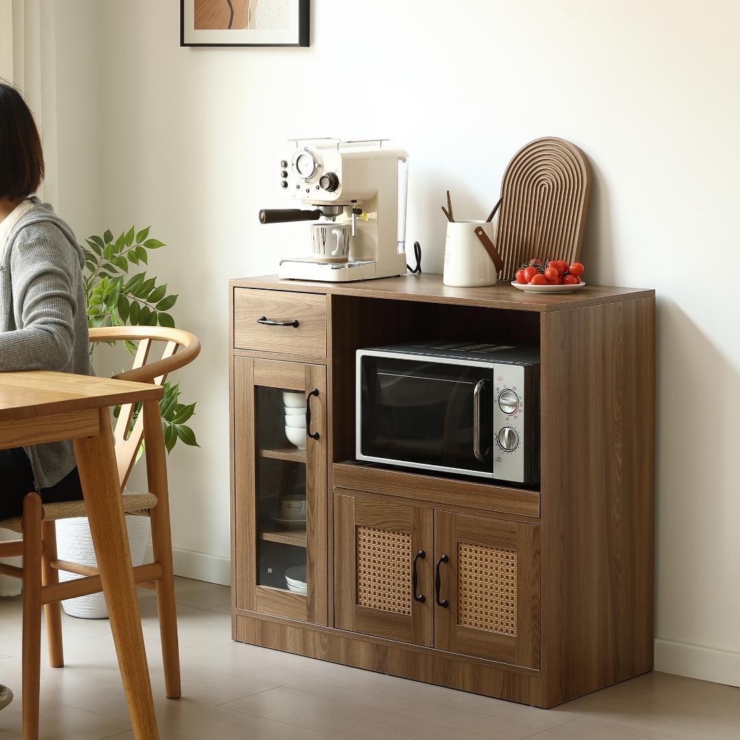 ラタン調キッチンカウンター　幅88cm　引き出し付き・扉付き　BROWN