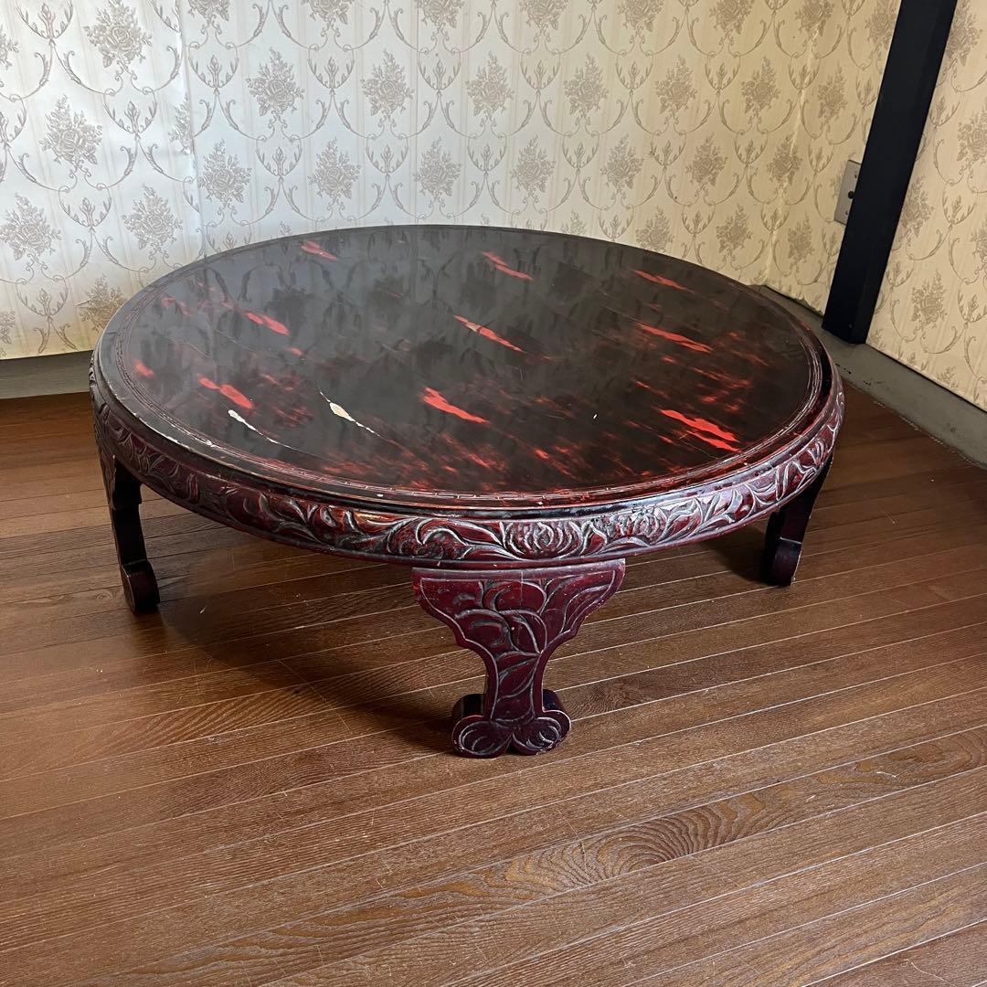 【アンティーク】李朝 彫刻 天然木 座卓 ちゃぶ台 センターテーブル 古家具