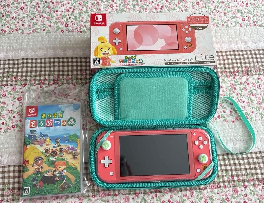 Switch lite どうぶつの森 しずえアロハ柄 コーラル 本体 カセット付
