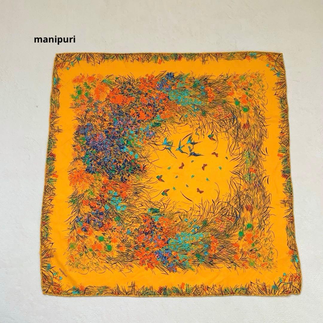 【美品】manipuri マニプリ　スカーフ　花柄　イエロー　オレンジ