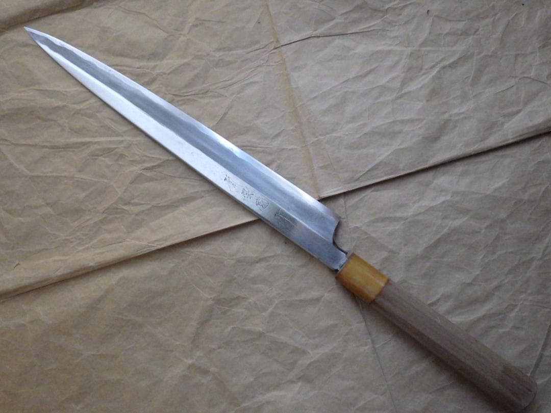 國行/墨流し柳刃刺身包丁刃渡320ｍｍマチ★青鋼紋鍛錬八角柄★入手困難