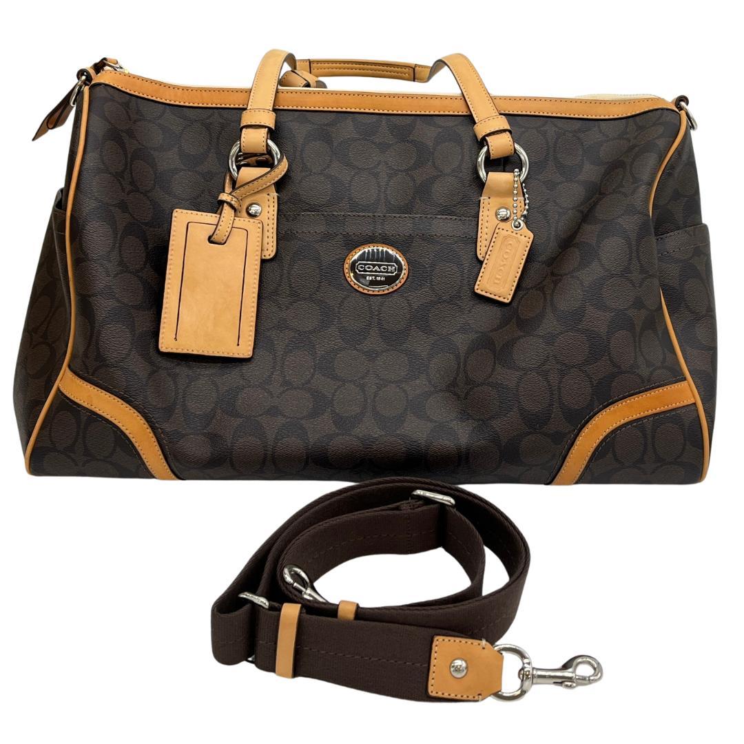 COACH シグネチャー柄 ボストンバッグ ブラウン×キャメル 大容量