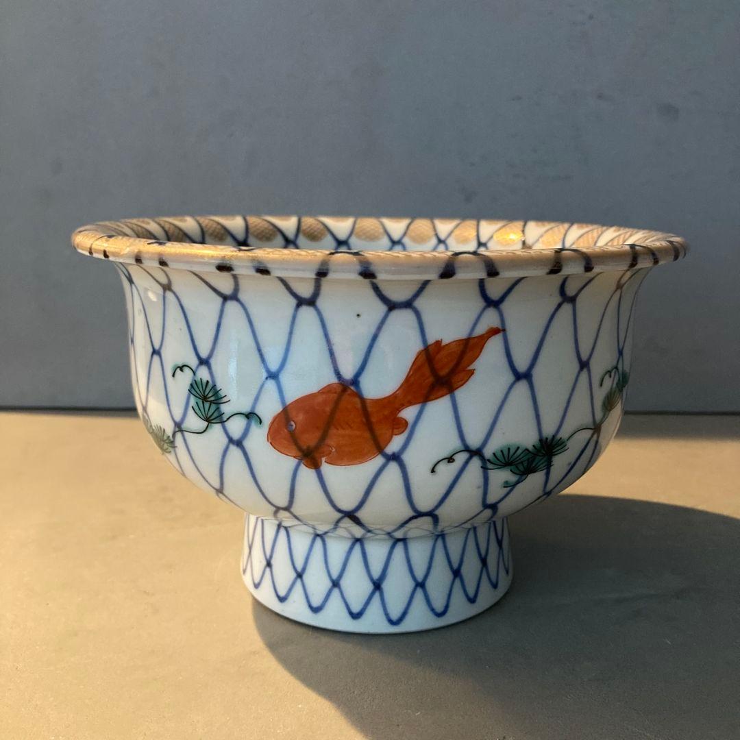 【貴重】古伊万里　染付色絵鉢　網目　金魚　金彩　茶碗　陶器　骨董品　江戸後期