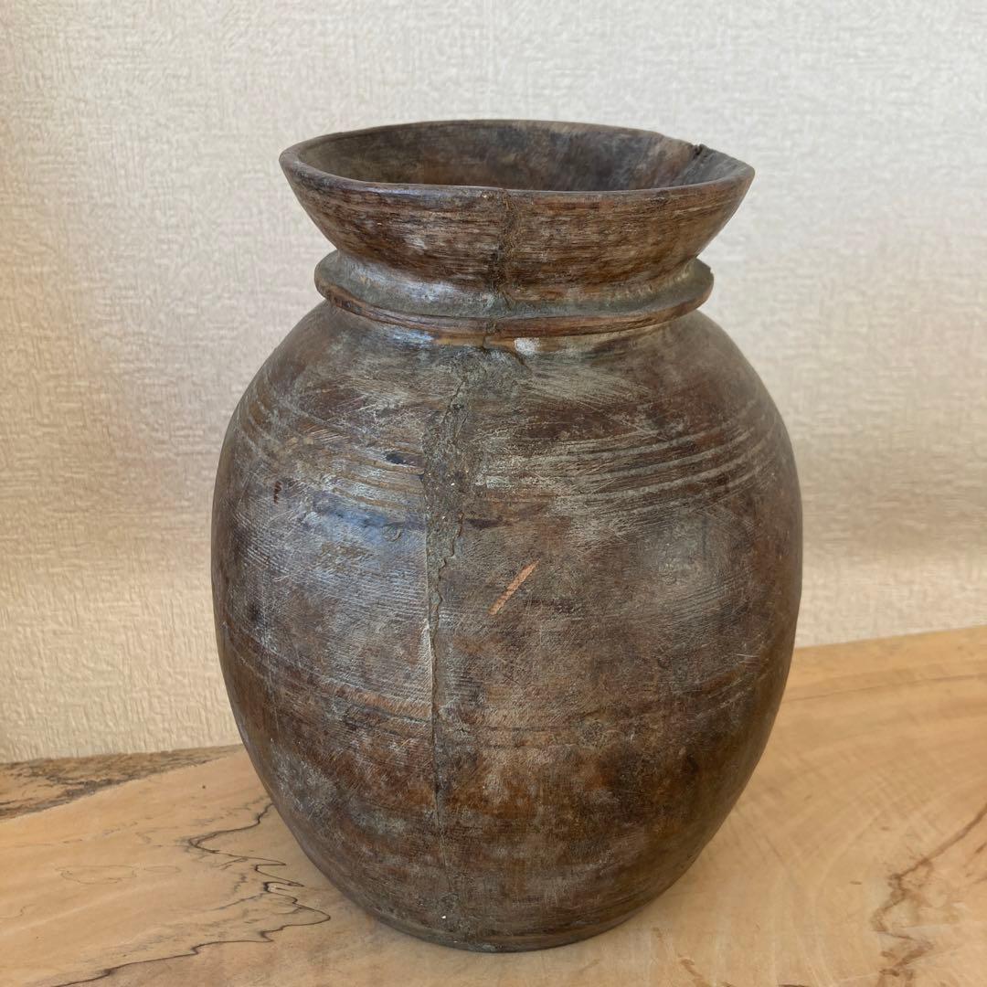 インド　木製のポットA　木工品　古道具坂田　古物　骨董　フラワーベース　花瓶
