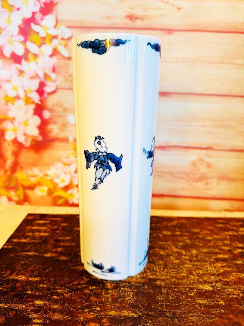 希少! 幻の日陶 製染付中国唐子文様筒形花瓶【 日陶 】在銘有り ★ 昭和前期