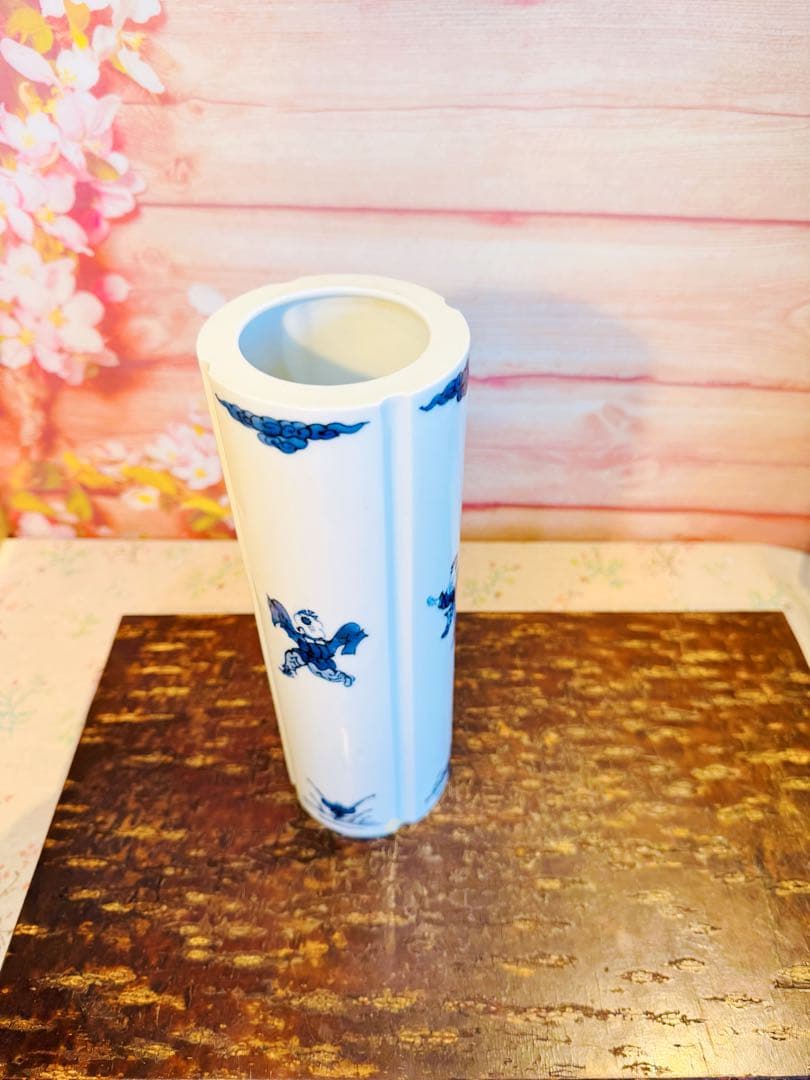 希少! 幻の日陶 製染付中国唐子文様筒形花瓶【 日陶 】在銘有り ★ 昭和前期