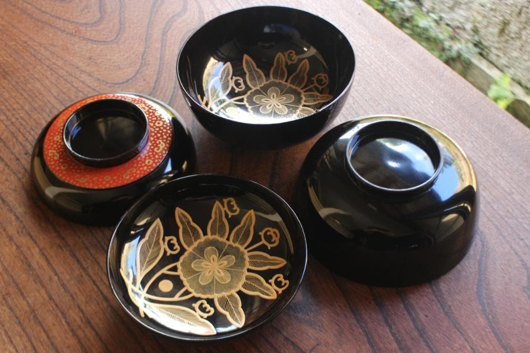 塗キズ有！優美な塗分けに極上木芙蓉蒔絵の映えるお椀2点（検輪島塗京塗雑煮椀