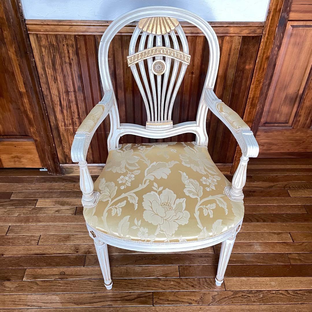 フランスアンティーク ロココ様式アームチェア☆ゴールド薔薇柄ファブリック 張替済