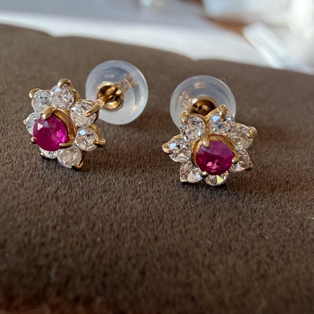 くーちゃん　K10 ルビー　キュービックジルコニア　フラワー　ピアス