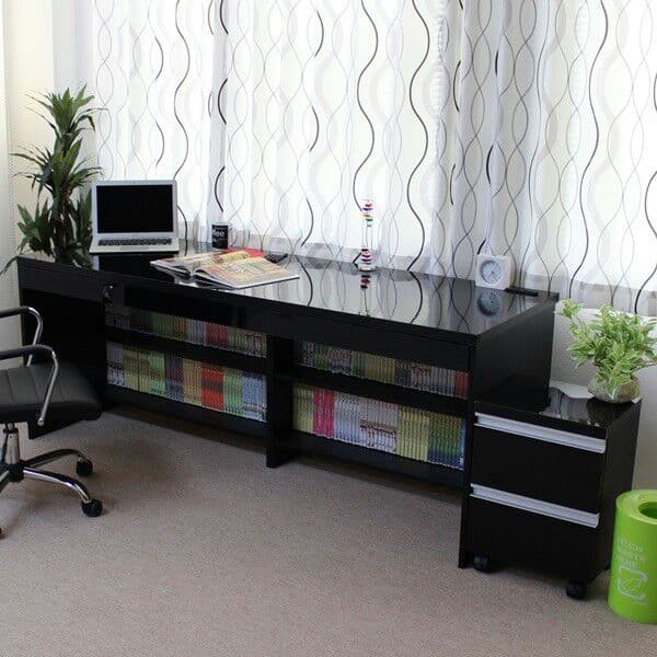 ★
鏡面ブラック180幅デスク2点セット（デスク+2段チェスト）