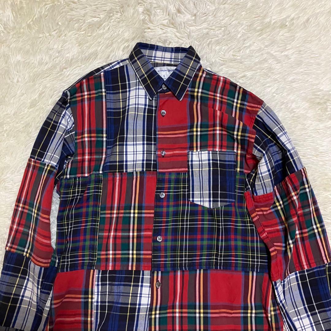 コムデギャルソンシャツ　パッチワーク　マルチカラー　レッド　チェック　シャツ
