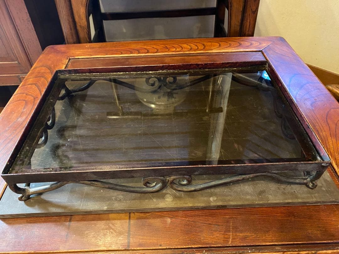 アンティーク装飾アイアン製　ガラス台 ヴィンテージ　レア 鉢受け　観葉植物