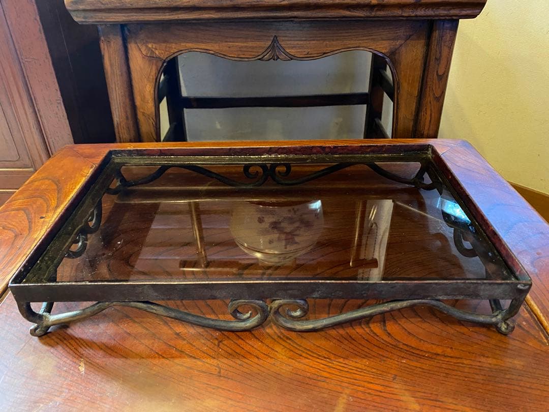 アンティーク装飾アイアン製　ガラス台 ヴィンテージ　レア 鉢受け　観葉植物