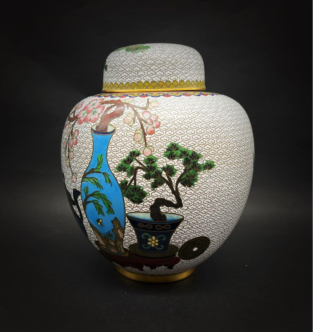 中國美術 古玩 景泰藍 七宝焼 超大博古紋茶入 茶筒 茶道具 高さ20.5cm