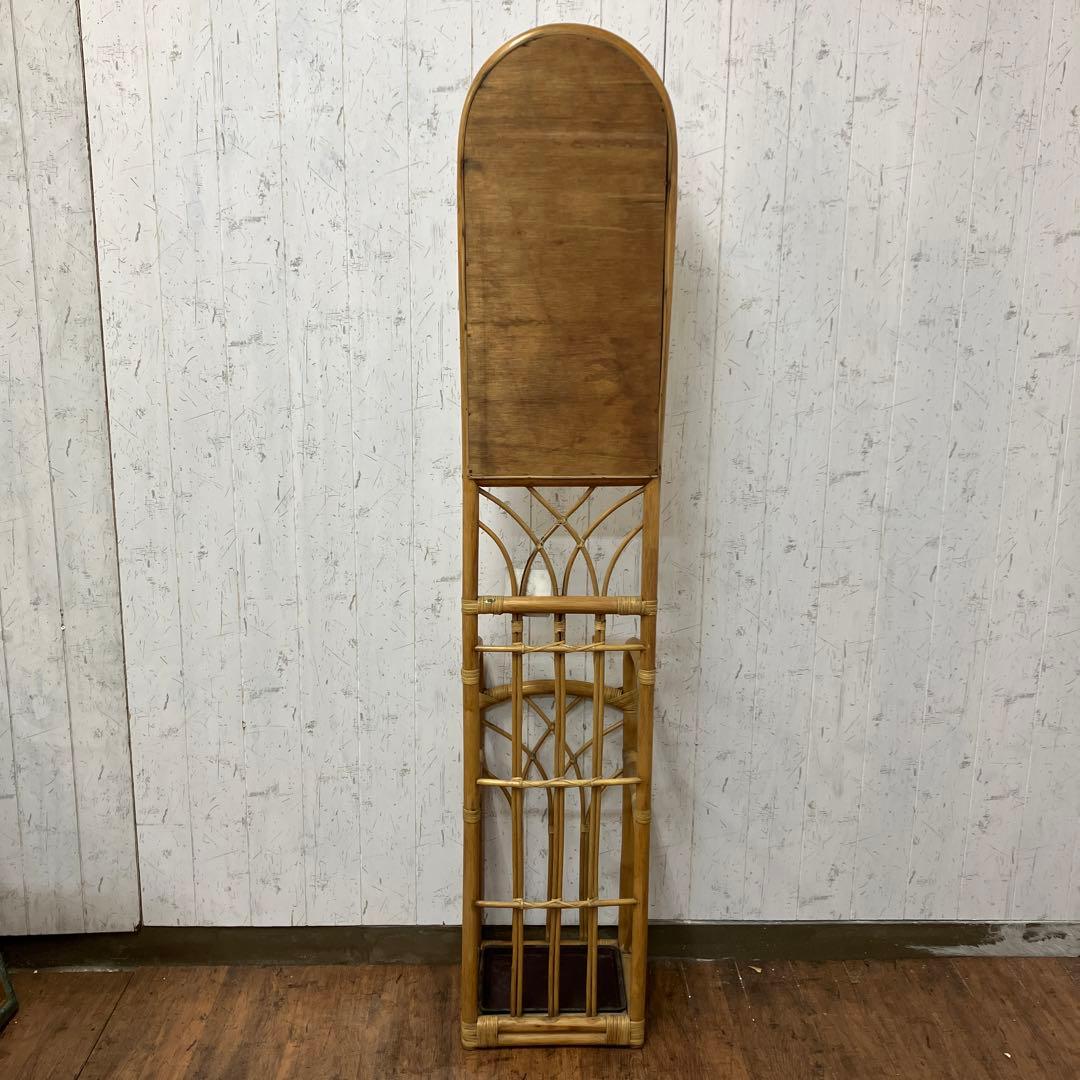 A-1 昭和レトロ ラタンスタンドミラー 姿見 傘立て 物掛け 古家具