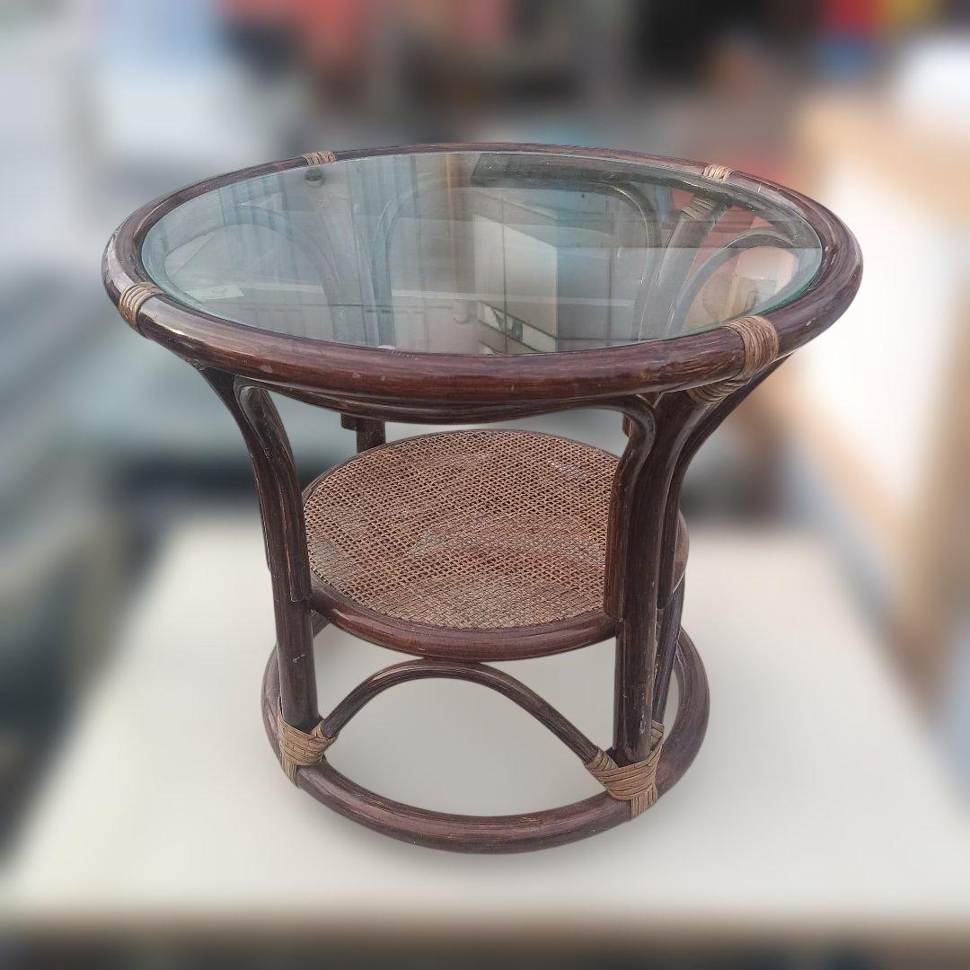 6044）ラタンの小振りな丸形テーブル　昭和レトロ