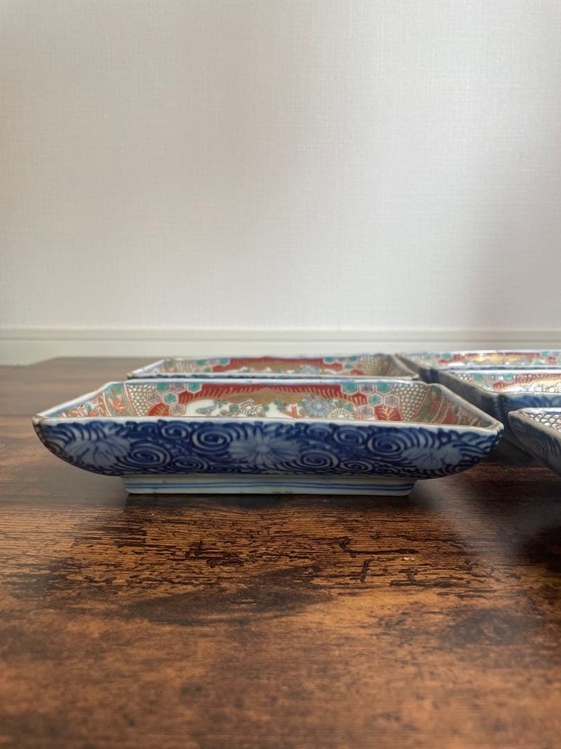 古伊万里　赤絵金彩長方皿五客　アンティーク/お皿/刺身皿/銘々皿