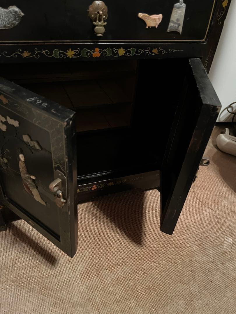 ヴィンテージ　玉細工　金彩　漆細工　ベッドサイドチェスト　骨董家具　上海製