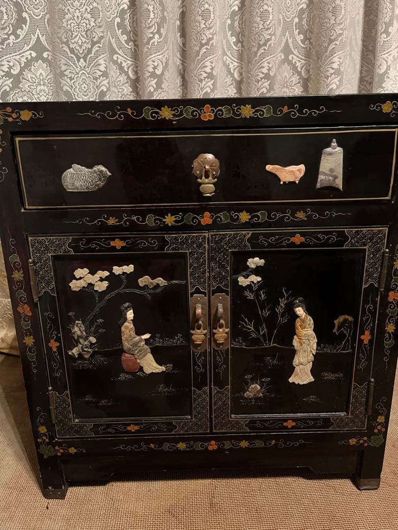 ヴィンテージ　玉細工　金彩　漆細工　ベッドサイドチェスト　骨董家具　上海製