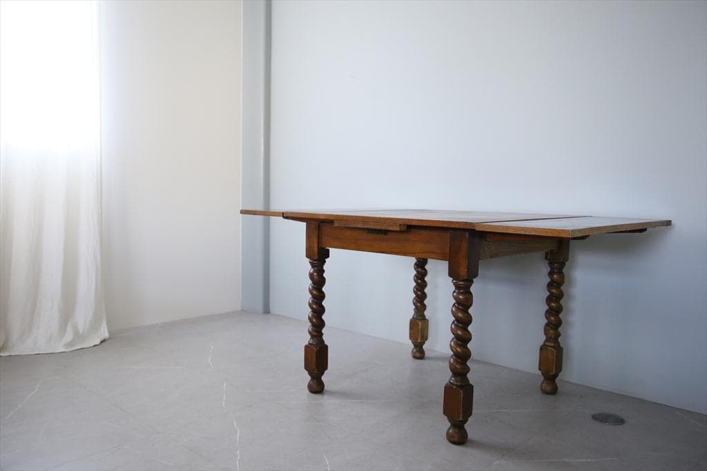 英国アンティーク木製ドローリーフテーブル/伸長式ダイニング/作業机(92-124