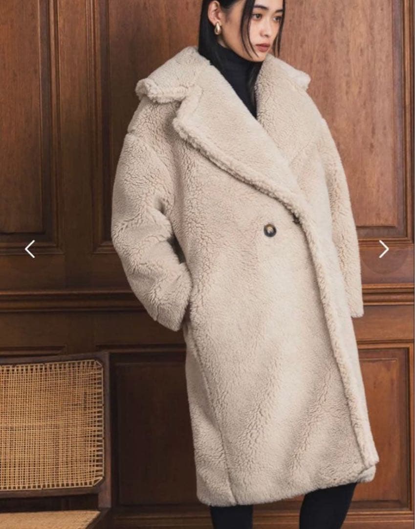 エルフランク　ベージュ ボア ロングコート ダブルボタン