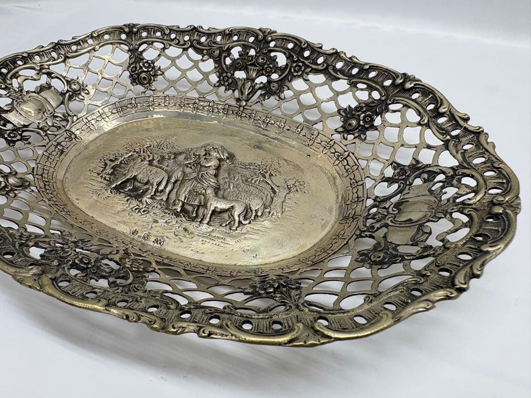 羊飼いと娘 シルバー ディッシュトレイ 銀製 800 刻印 楕円 透かし彫り