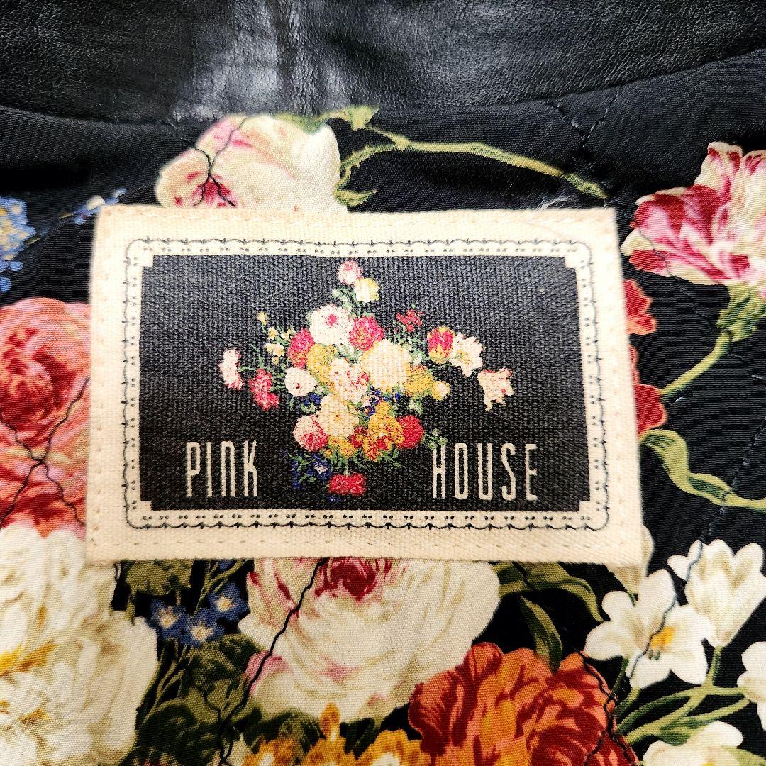 【美品】PINK HOUSES バックロゴ 花柄刺繍ワッペン レザージャケット黒