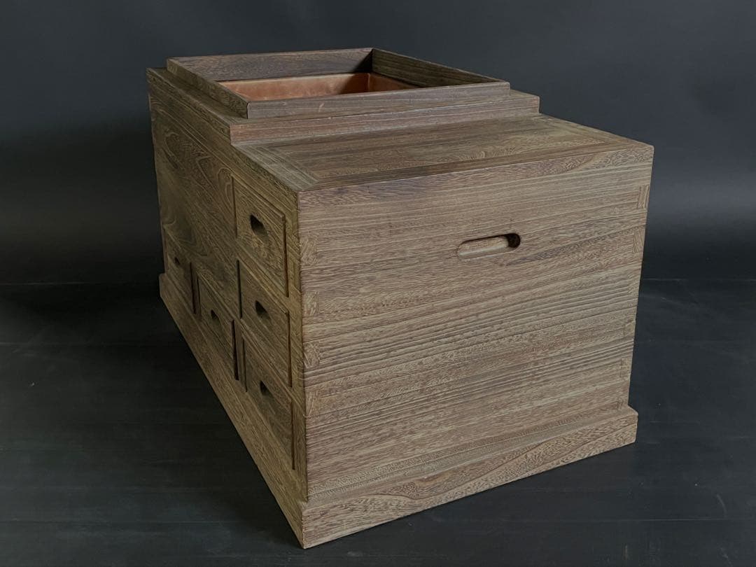 【美品】「母」 総桐 江戸火鉢 長火鉢 焼杉 無垢材 五杯 引出し （Fお）