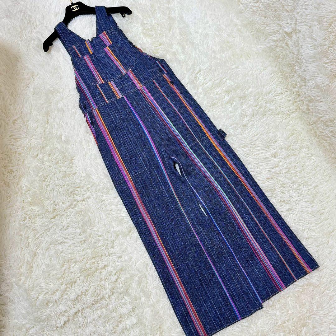 極美品 プリーツプリーズ オーバーオール デニム転写 ストライプ サロペット