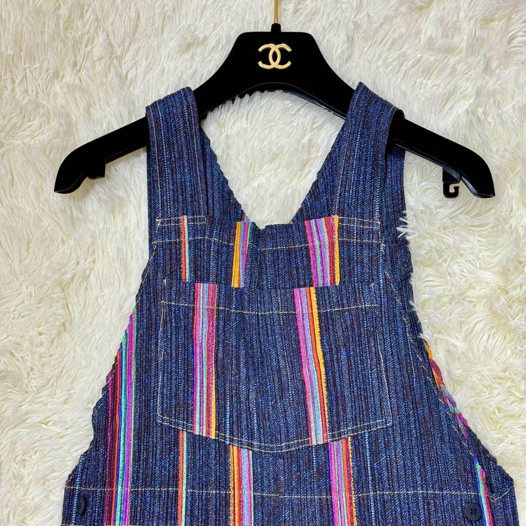 極美品 プリーツプリーズ オーバーオール デニム転写 ストライプ サロペット