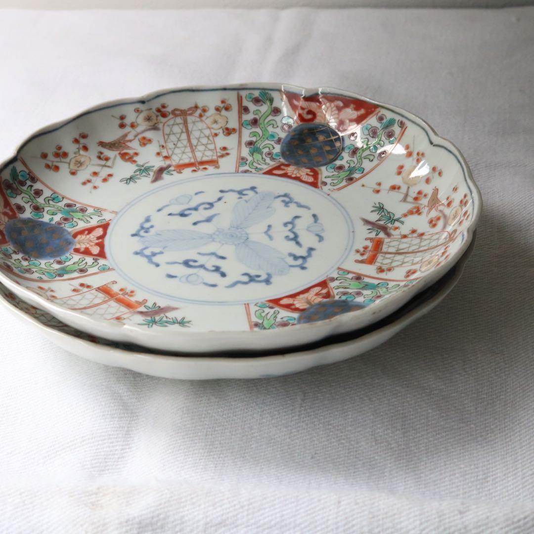 時代色絵伊万里　さわやかな赤絵に梅と鶯鳥籠図七寸皿プレート2枚 骨董古伊万里