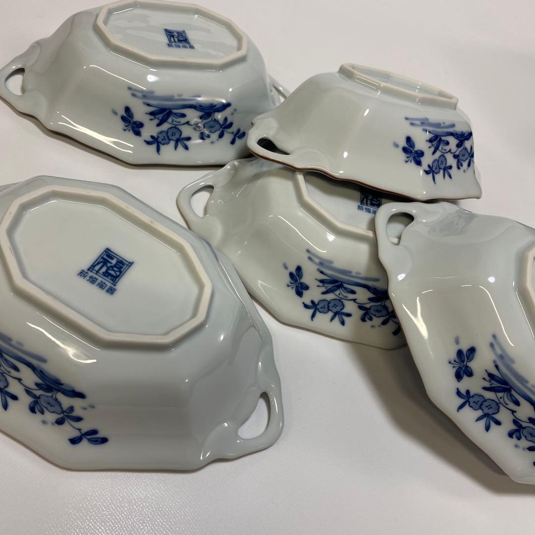 前畑陶器　染付け　グラタン皿　5枚　八角　花鳥　手付き　ボウル　皿　鉢　和柄