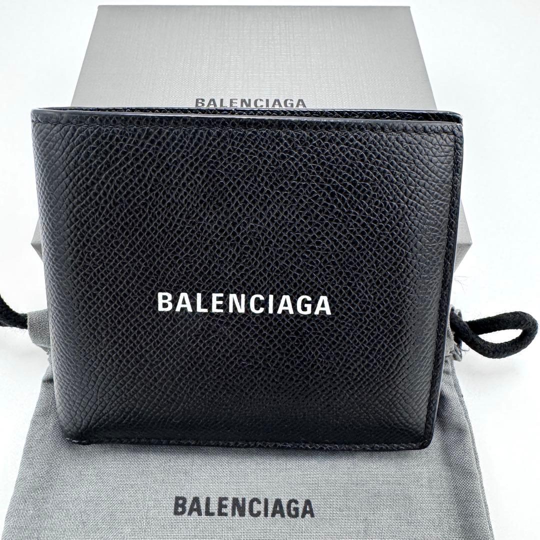 【美品】BALENCIAGA ロゴ 二つ折り財布 594315 ブラック レザー