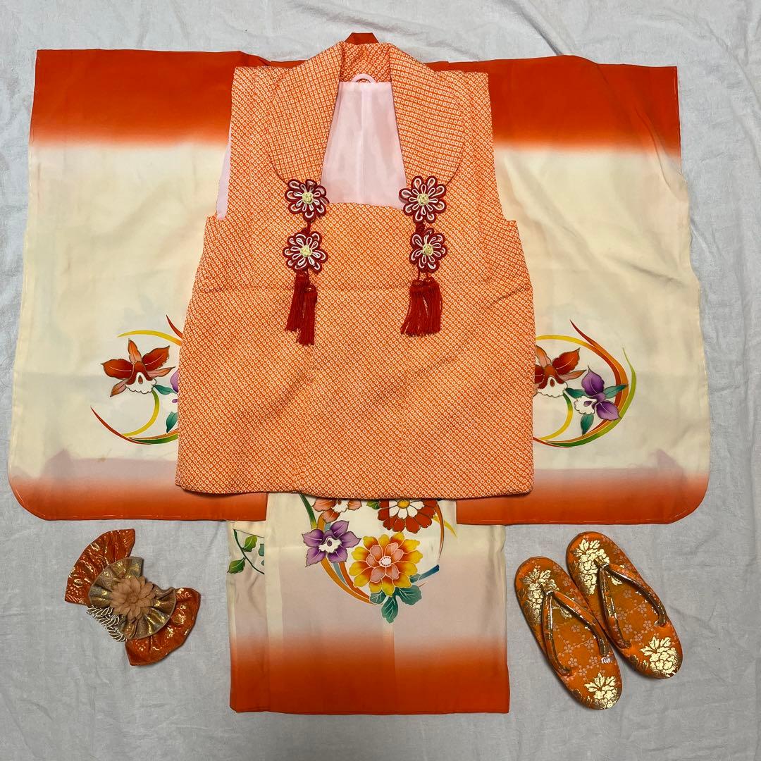 七五三　3歳　オレンジ　正絹　アンティーク　桔梗　被布